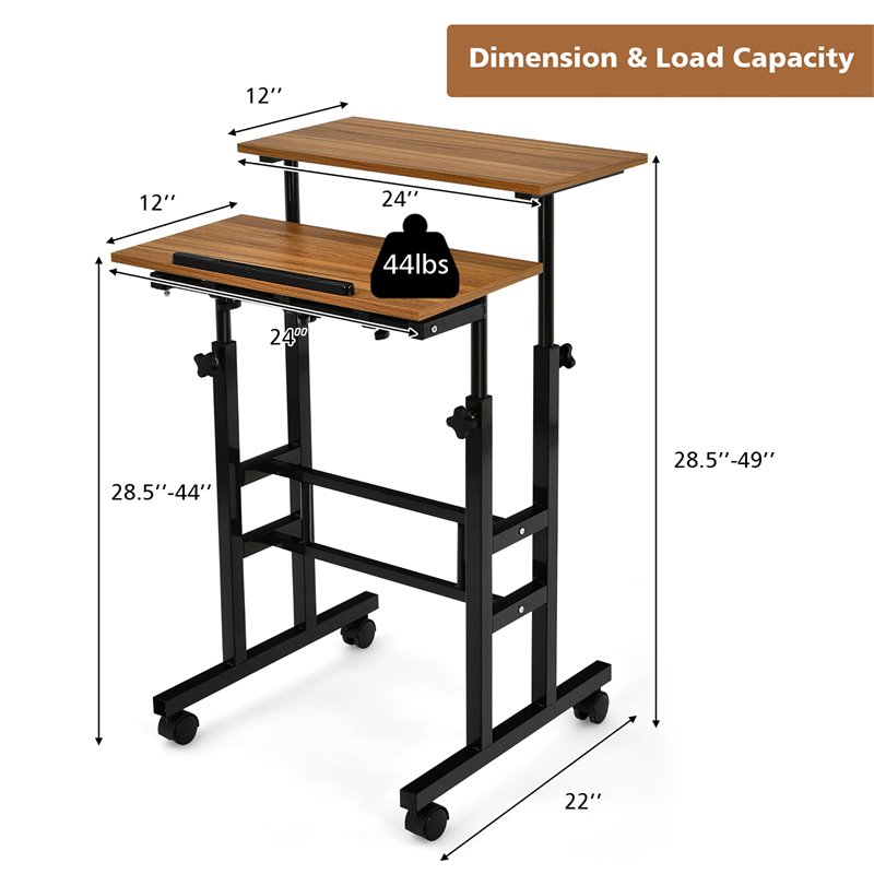 Costway MDF and Steel Adjustable Rolling Mobile Standing Desk in Walnut