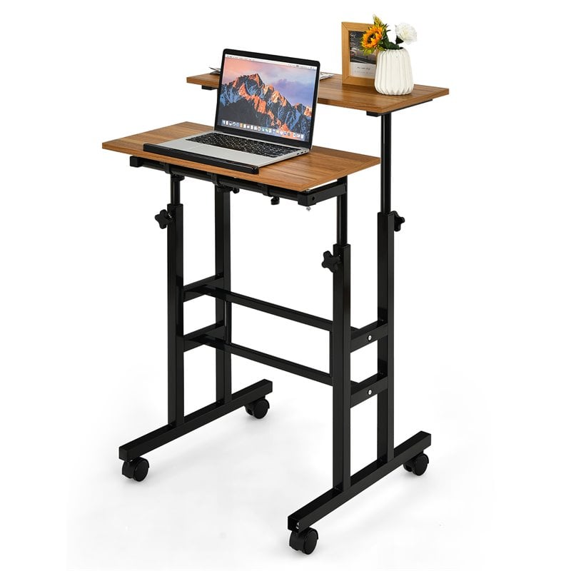 Costway MDF and Steel Adjustable Rolling Mobile Standing Desk in Walnut