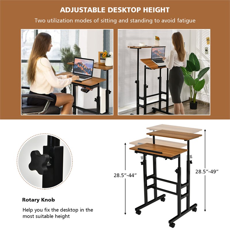 Costway MDF and Steel Adjustable Rolling Mobile Standing Desk in Walnut