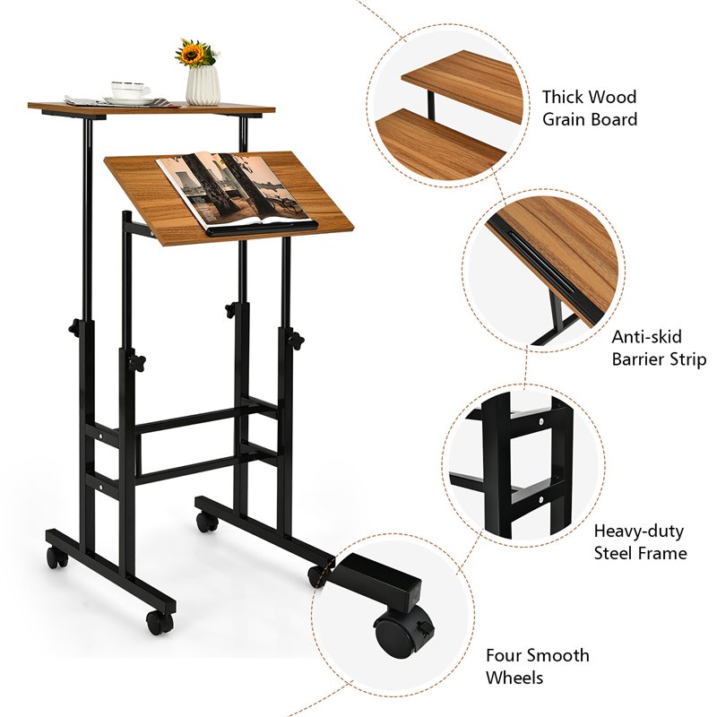 Costway MDF and Steel Adjustable Rolling Mobile Standing Desk in Walnut
