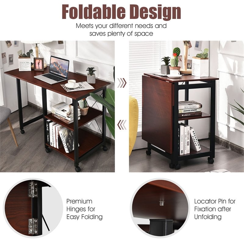 Costway Wood Rolling Folding Computer Desk with Storage Shelves in Brown