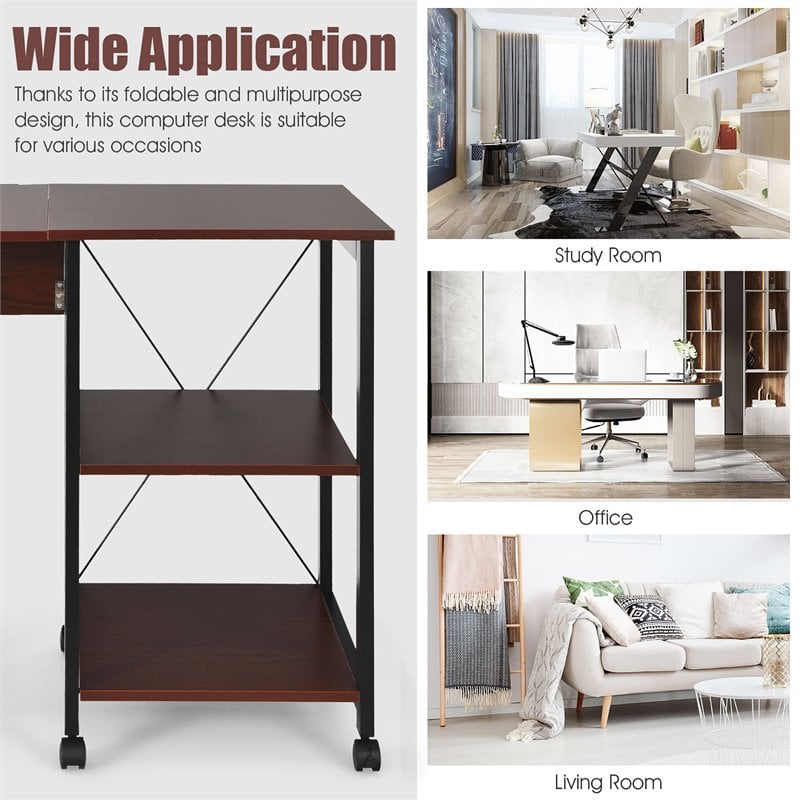 Costway Wood Rolling Folding Computer Desk with Storage Shelves in Brown
