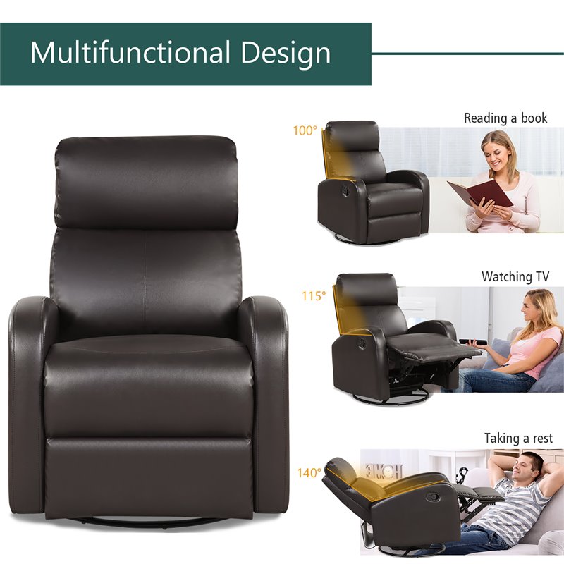 Costway Swivel Rocker Manual Single Sofa Lounger Recliner Chair in Brown