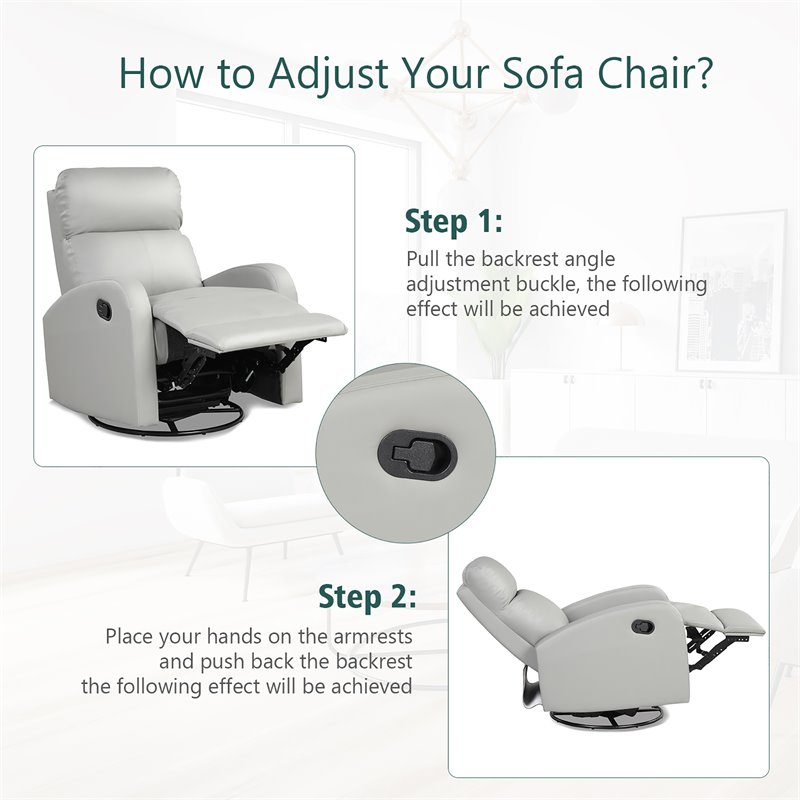 Costway Swivel Rocker Manual Single Sofa Lounger Recliner Chair in Gray
