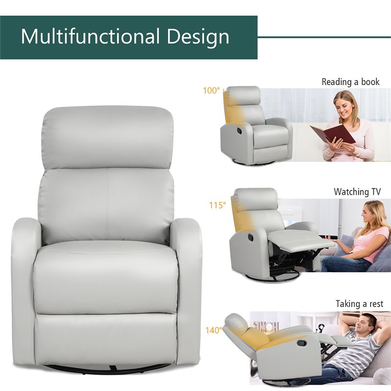 Costway Swivel Rocker Manual Single Sofa Lounger Recliner Chair in Gray