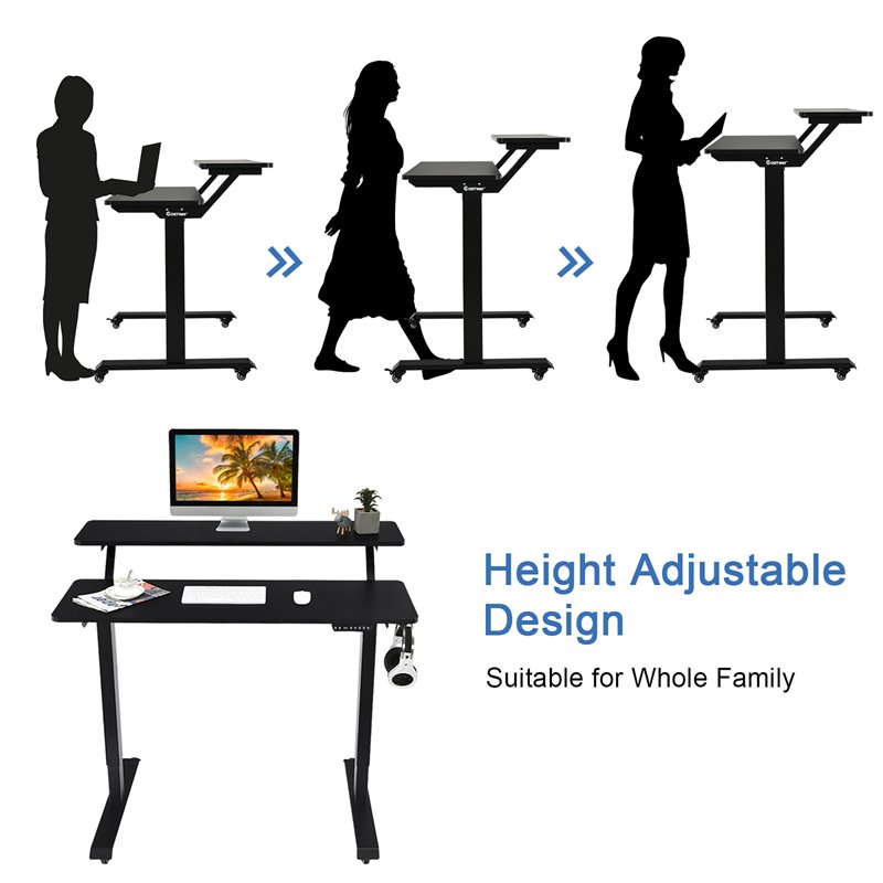 Costway Electric 2-Tier Mobile Standing Desk with Height Adjustable in Black