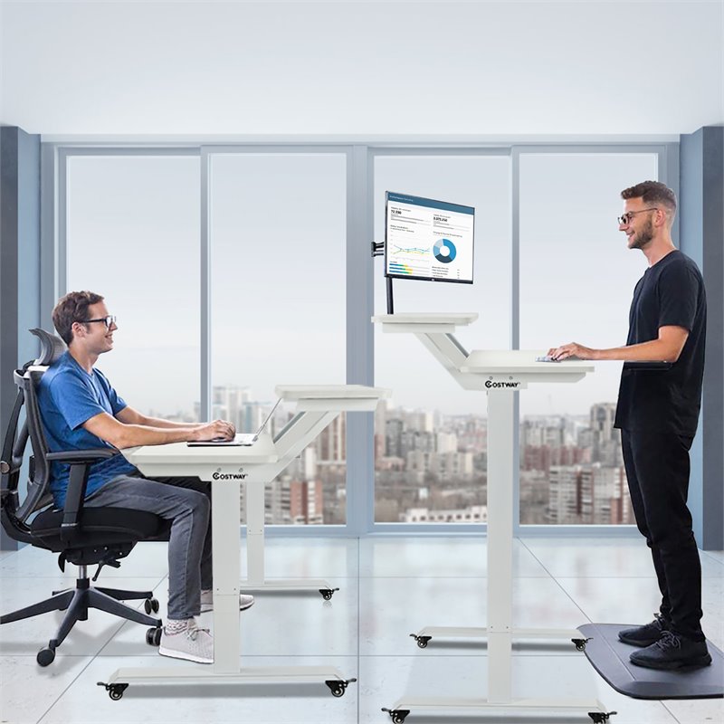Costway Electric 2-Tier Mobile Standing Desk with Height Adjustable in White