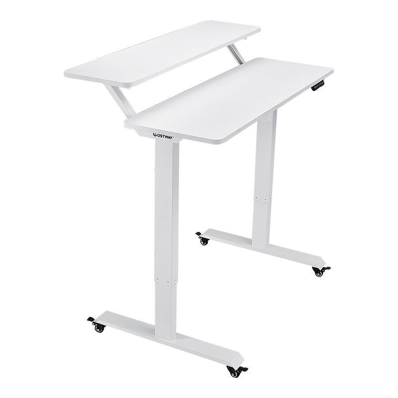 Costway Electric 2-Tier Mobile Standing Desk with Height Adjustable in White