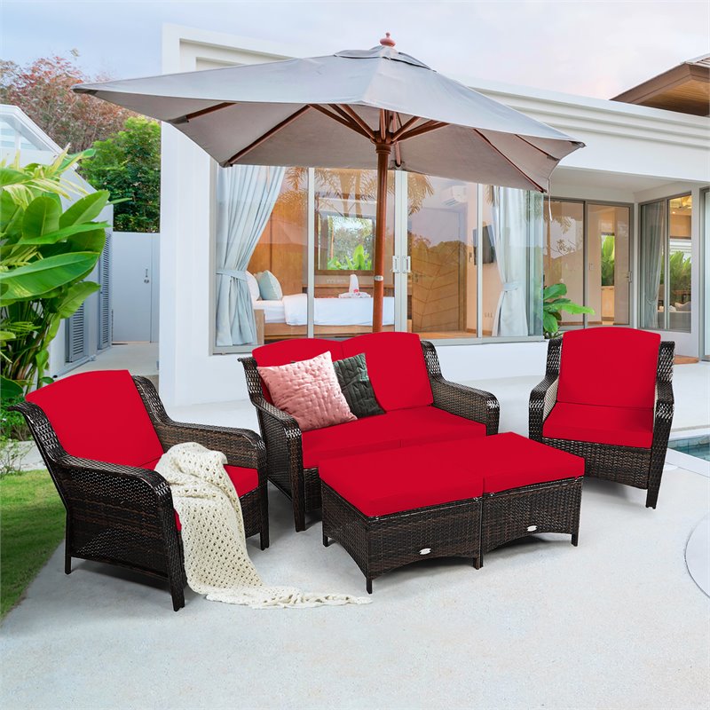 Costway 5-piece Contemporary Rattan Patio Furniture Set with Cushions in Red