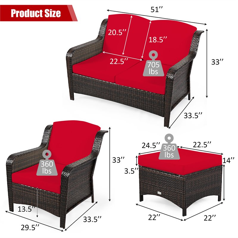 Costway 5-piece Contemporary Rattan Patio Furniture Set with Cushions in Red