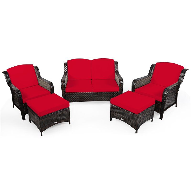 Costway 5 Piece Contemporary Rattan, Outdoor Furniture Red Cushions