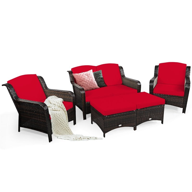 Costway 5 Piece Contemporary Rattan, Patio Furniture Sets Red Cushions