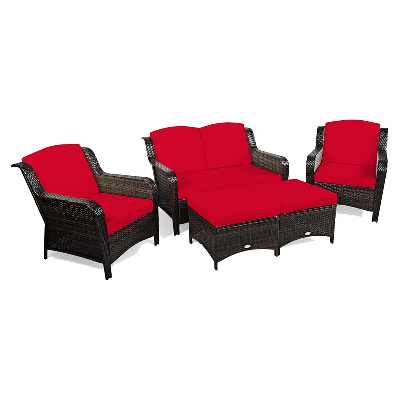 Costway 5 Piece Contemporary Rattan, Red Outdoor Furniture Sets
