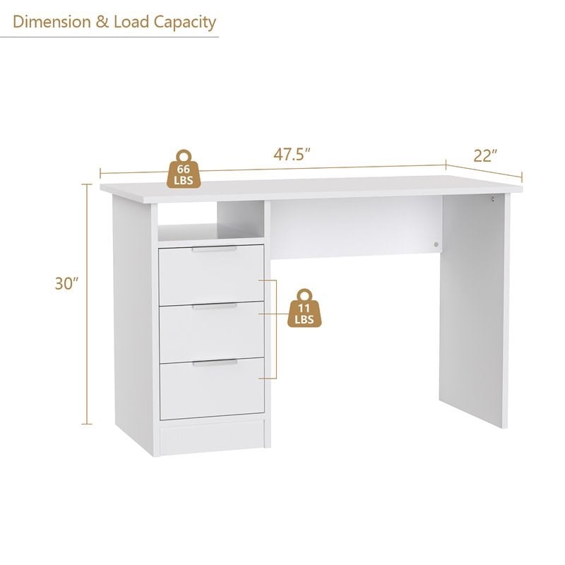 Costway 3-drawer Engineered Wood Computer Desk with Open Shelf in White