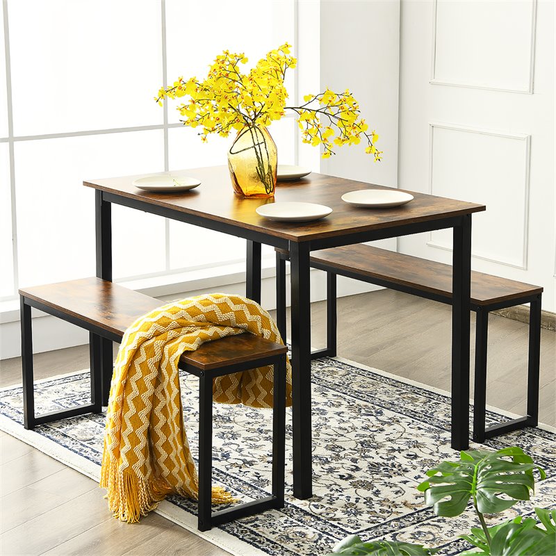 Costway 3-piece MDF Board and Iron Dining Table Set with 2 Benches in Coffee