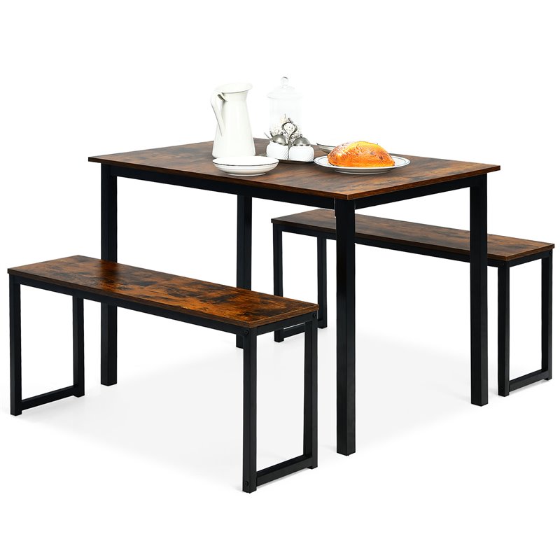 Costway 3-piece MDF Board and Iron Dining Table Set with 2 Benches in Coffee
