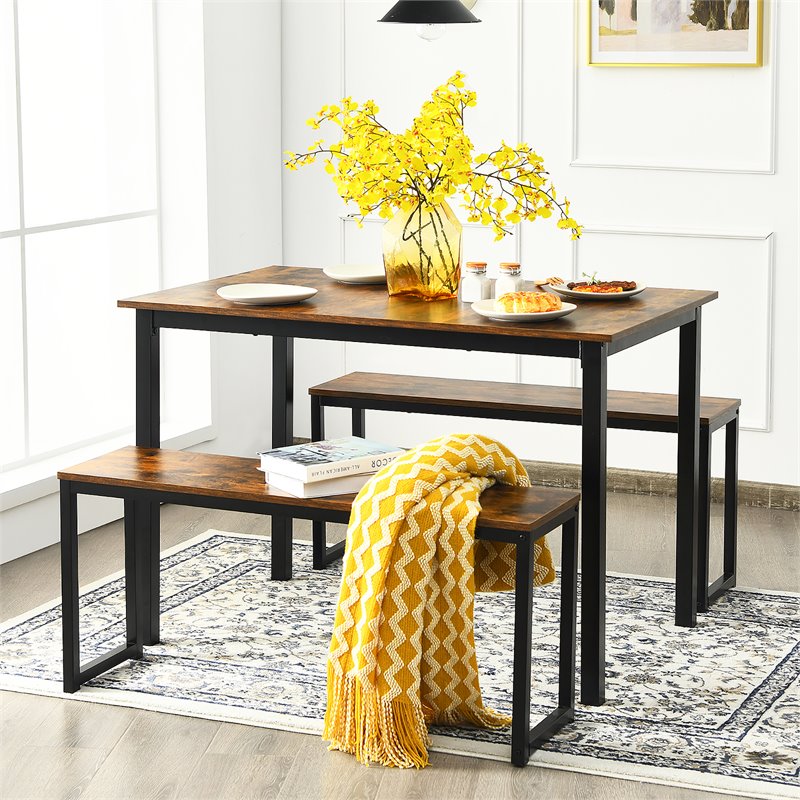 Costway 3-piece MDF Board and Iron Dining Table Set with 2 Benches in Coffee