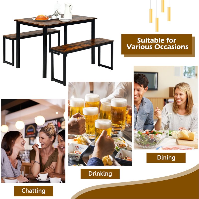 Costway 3-piece MDF Board and Iron Dining Table Set with 2 Benches in Coffee