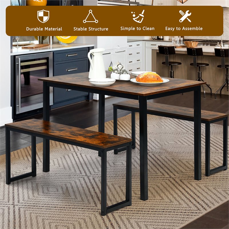 Costway 3-piece MDF Board and Iron Dining Table Set with 2 Benches in Coffee