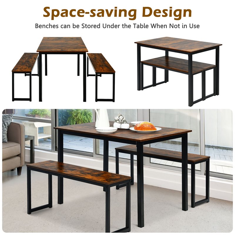 Costway 3-piece MDF Board and Iron Dining Table Set with 2 Benches in Coffee