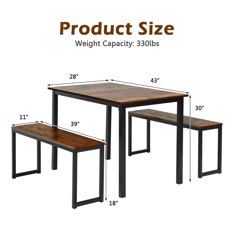 Costway 3-piece MDF Board and Iron Dining Table Set with 2 Benches in Coffee