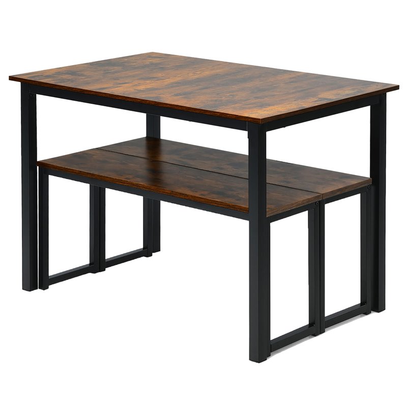 Costway 3-piece MDF Board and Iron Dining Table Set with 2 Benches in Coffee