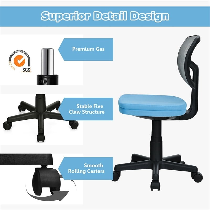 Costway Sponge and Plastic Adjustable Swivel Armless Office Chair in Blue