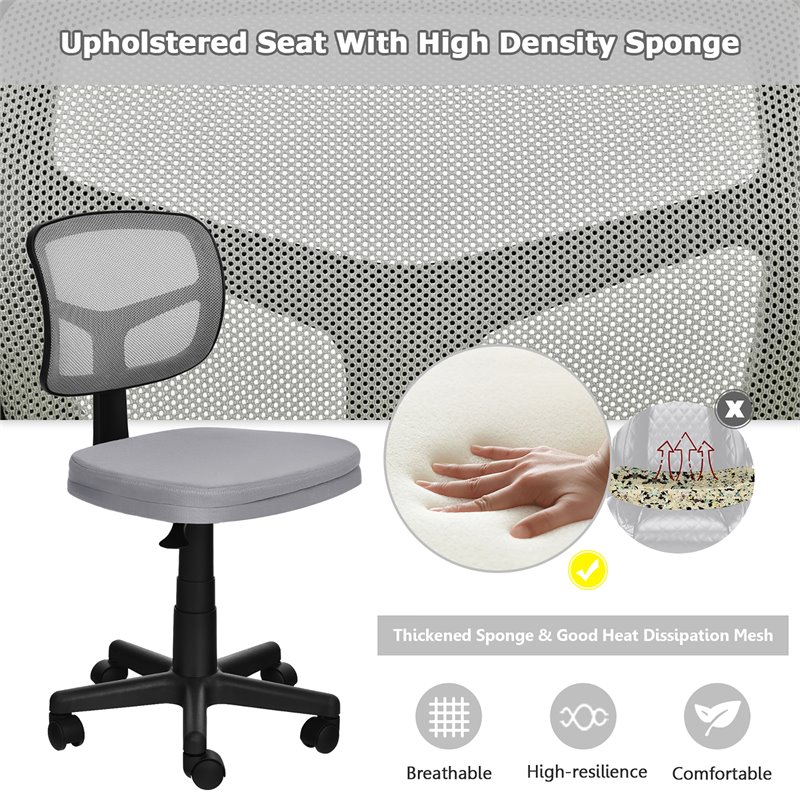 Costway Sponge and Plastic Adjustable Swivel Armless Office Chair in Gray