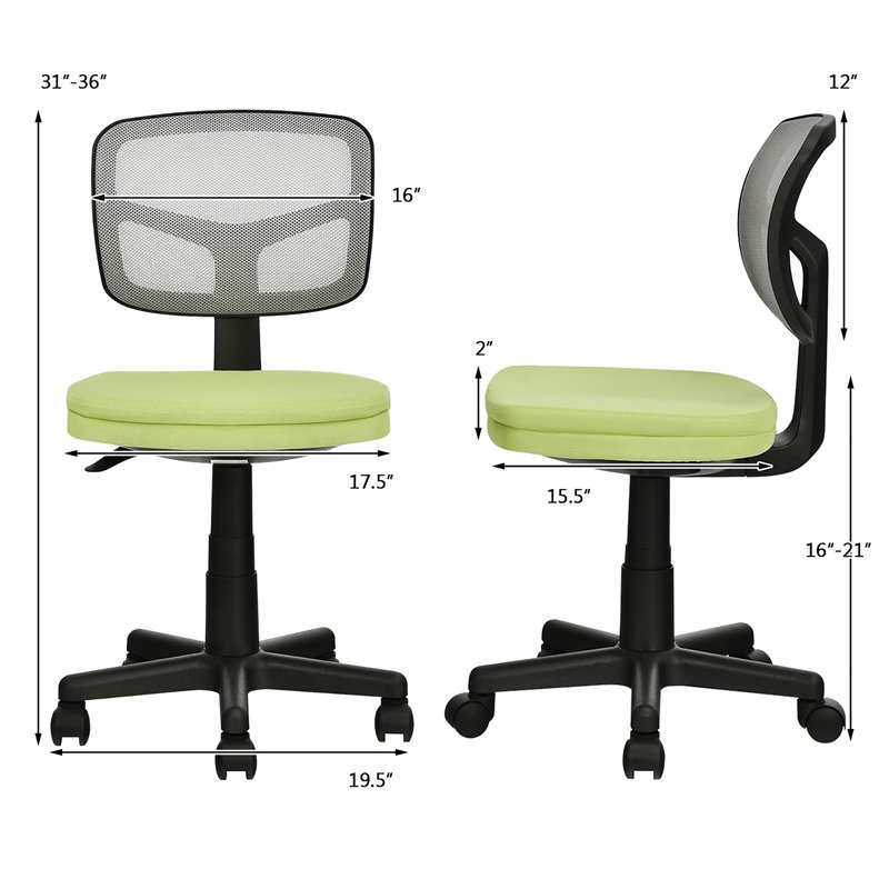 Costway Sponge and Plastic Adjustable Swivel Armless Office Chair in Green