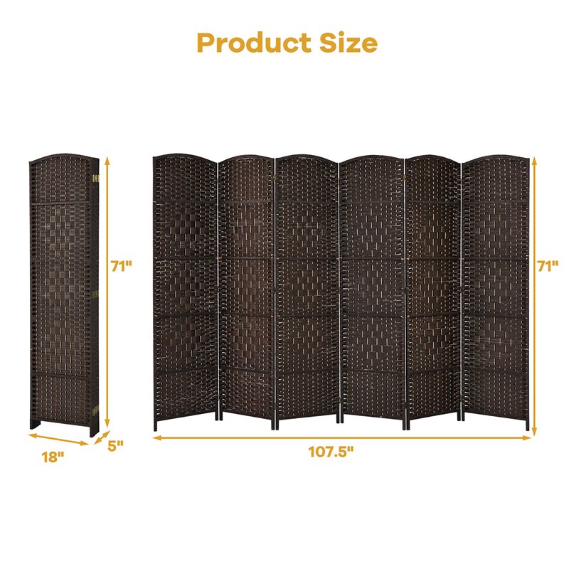 Costway 6-panel Wood and Paper Fiber Folding Room Divider in Brown