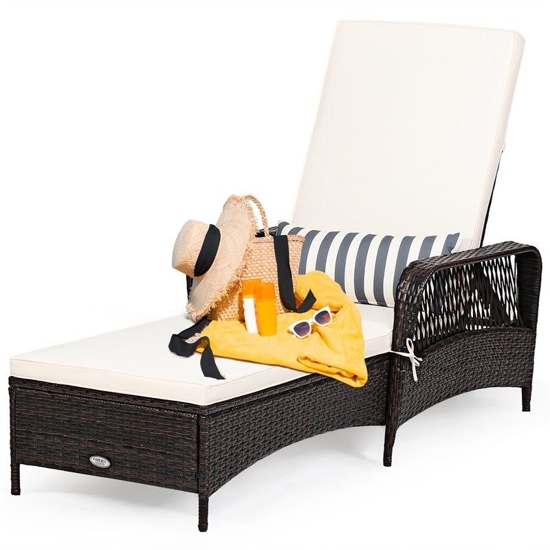 Costway Adjustable PE Rattan Chaise Lounge Armrest Recliner in Off White Brown