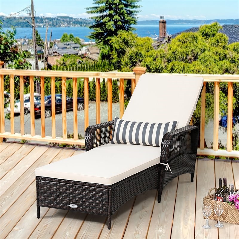 Costway Adjustable PE Rattan Chaise Lounge Armrest Recliner in Off White Brown