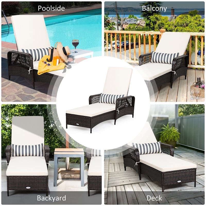 Costway Adjustable PE Rattan Chaise Lounge Armrest Recliner in Off White Brown