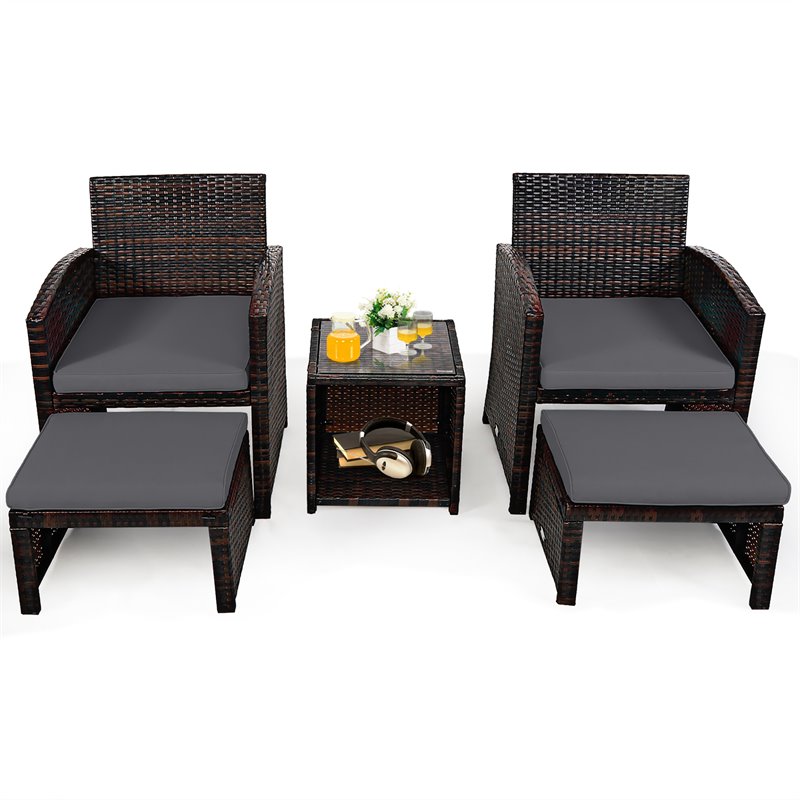 Costway 5-piece Rattan Patio Wicker Furniture Set with Cushion in Gray