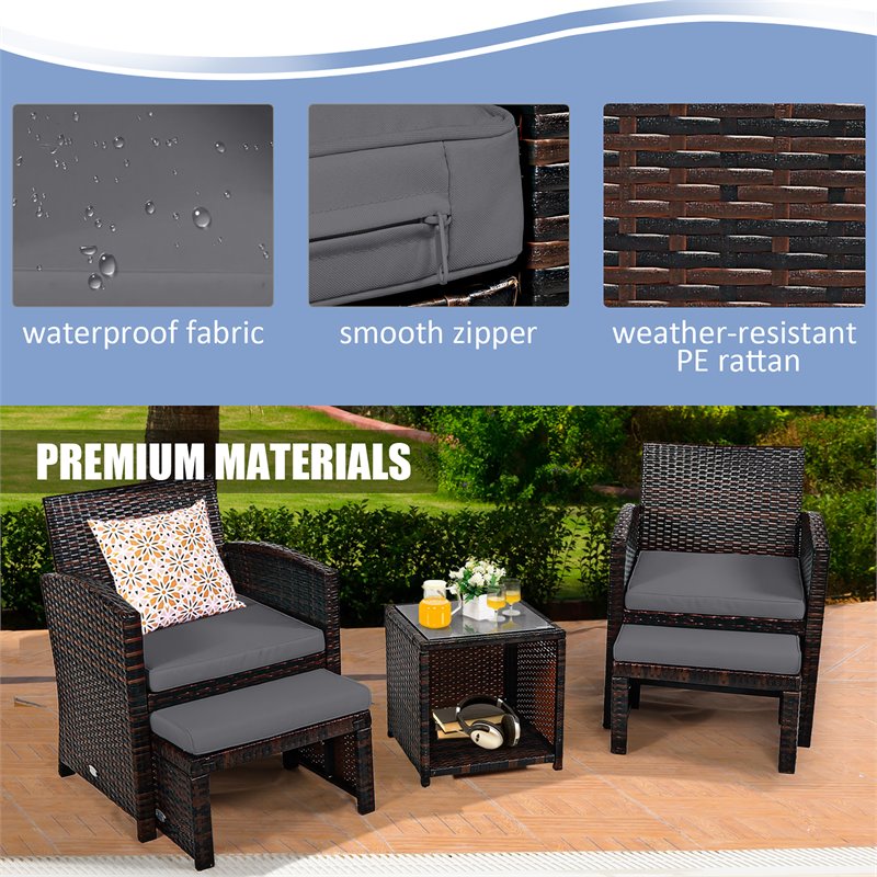 Costway 5-piece Rattan Patio Wicker Furniture Set with Cushion in Gray