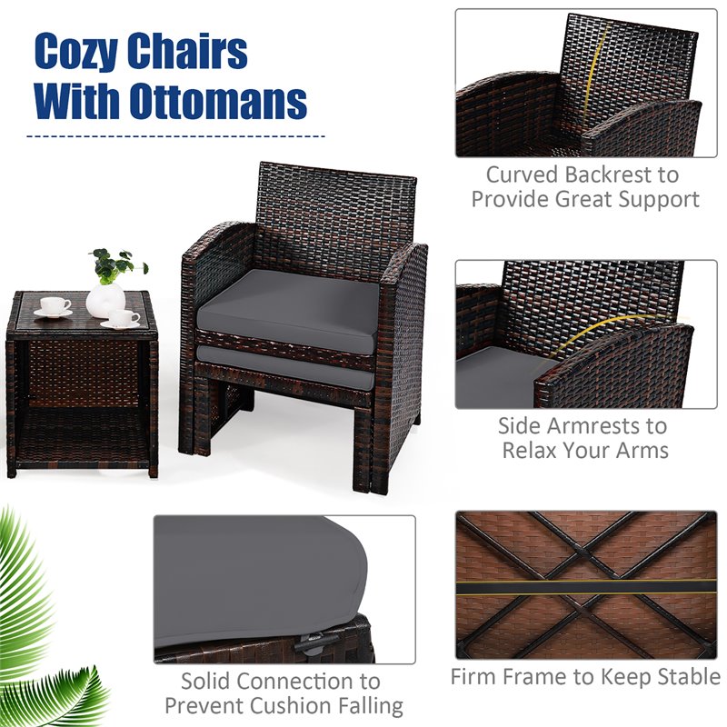 Costway 5-piece Rattan Patio Wicker Furniture Set with Cushion in Gray