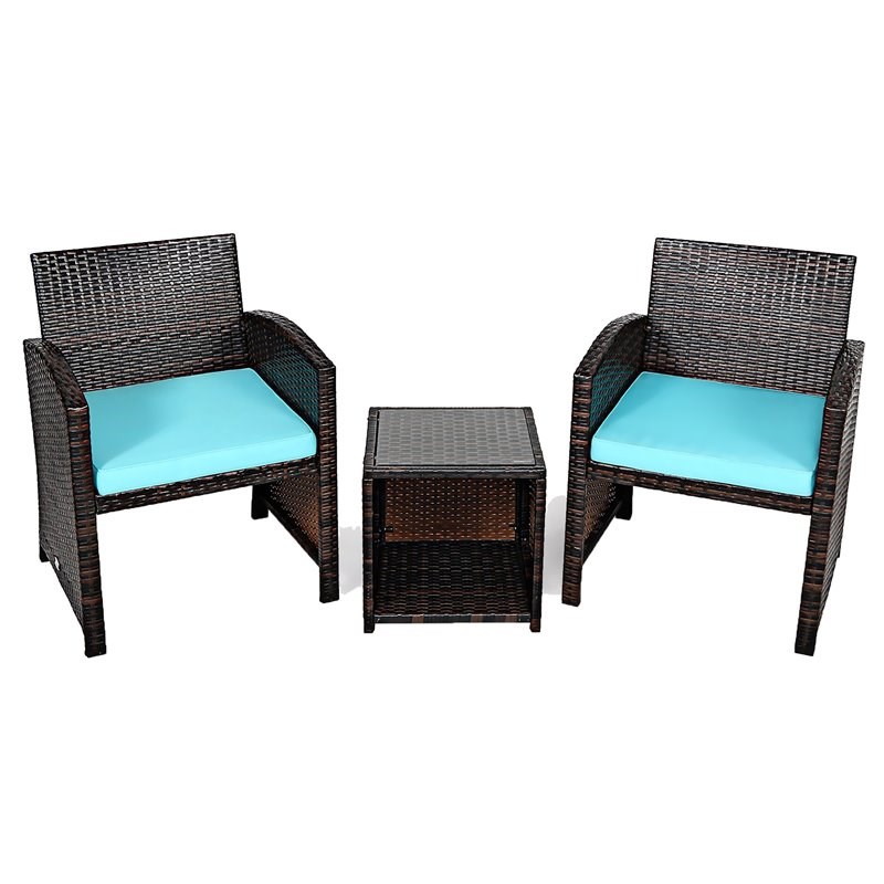 Costway 3-piece Patio Rattan/Wicker Sofas and Coffee Table in Turquoise Cushion