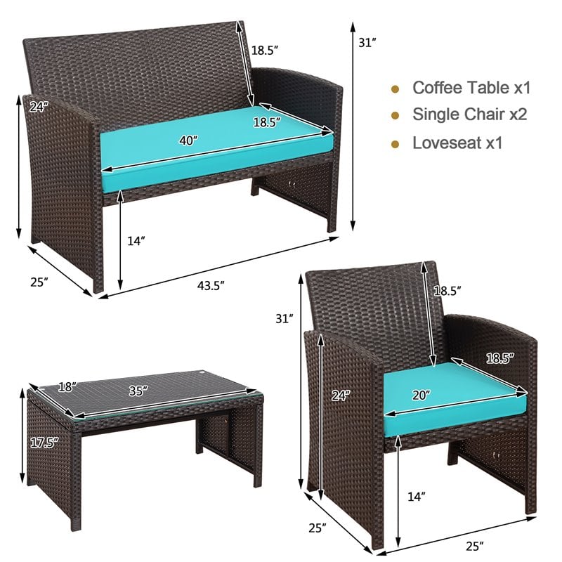 Costway 4-piece Contemporary Rattan Patio Furniture Set in Turquoise