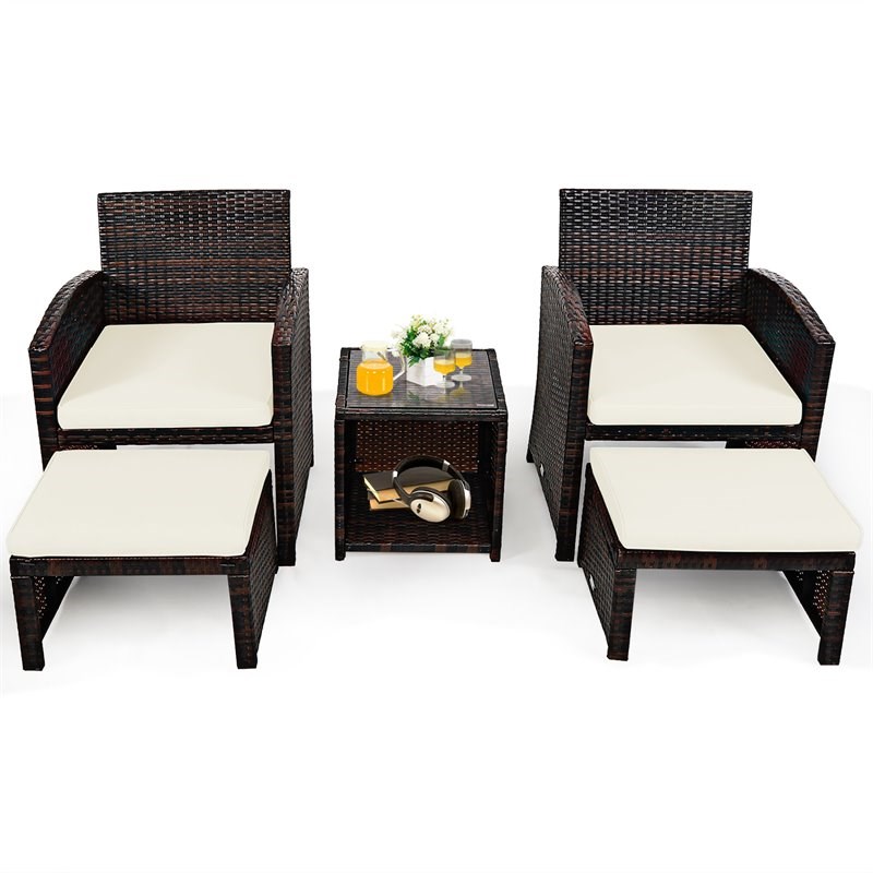 Costway 5-piece Rattan Patio Wicker Furniture Set with Cushion in White