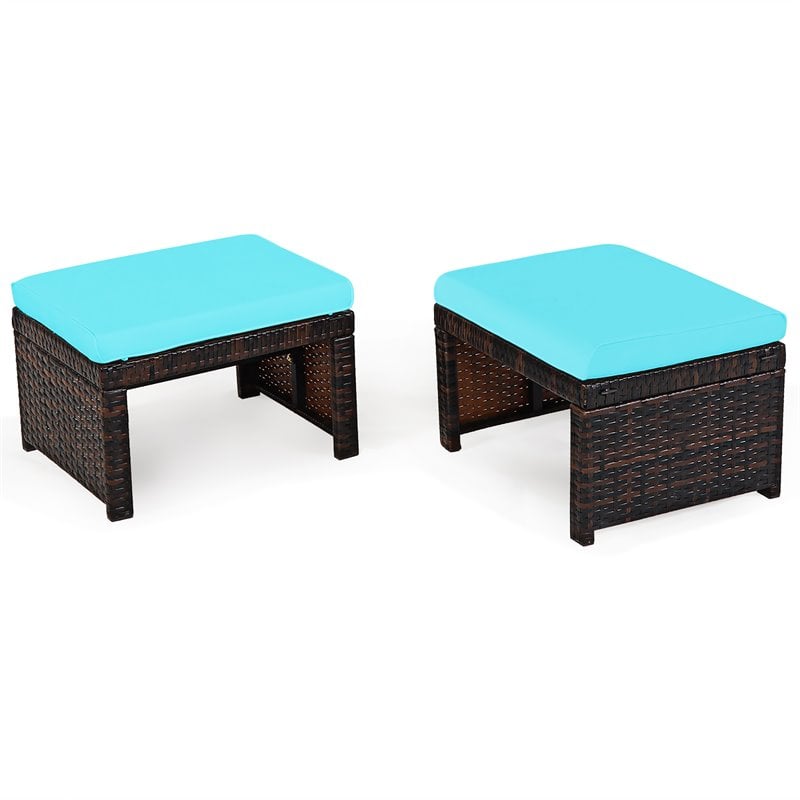 Costway Patio Rattan Ottomans/Footrests in Turquoise Cushioned Seat (Set of 2)