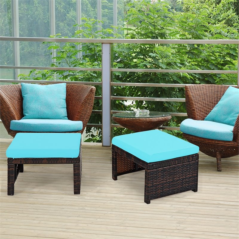 Costway Patio Rattan Ottomans/Footrests in Turquoise Cushioned Seat (Set of 2)
