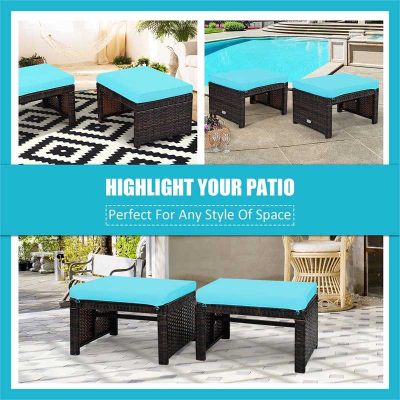 Costway Patio Rattan Ottomans/Footrests in Turquoise Cushioned Seat (Set of 2)