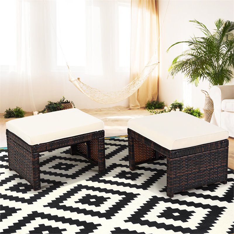 Costway Patio Rattan Ottomans/Footrests in White Cushioned Seat (Set of 2)