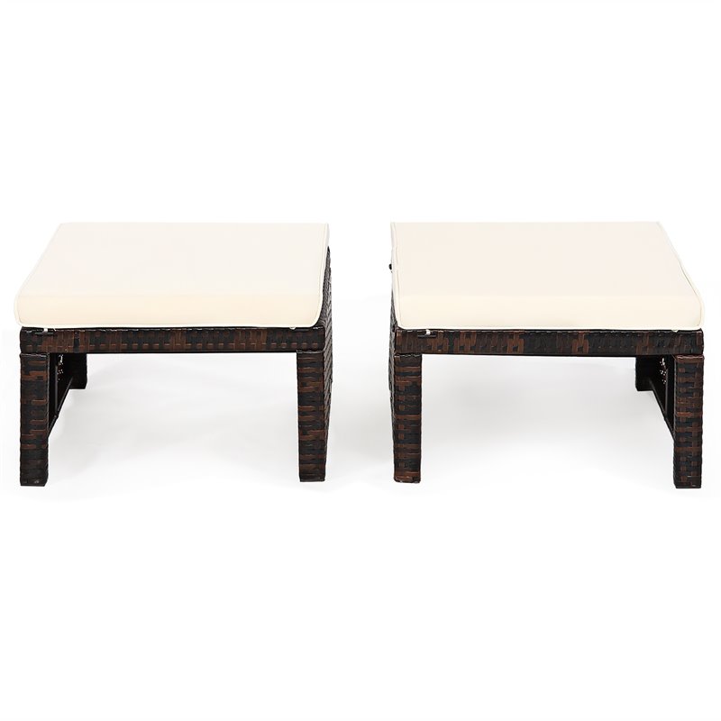 Costway Patio Rattan Ottomans/Footrests in White Cushioned Seat (Set of 2)