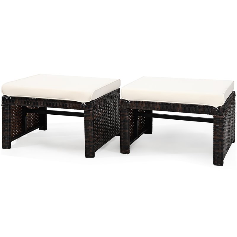 Costway Patio Rattan Ottomans/Footrests in White Cushioned Seat (Set of 2)
