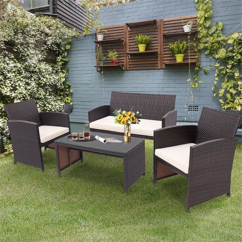 Costway 4 piece Contemporary Rattan Patio Furniture Set in White Homesquare