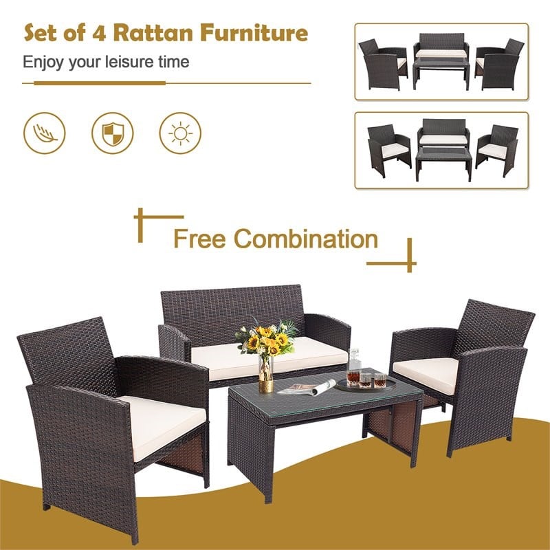 Costway 4-piece Contemporary Rattan Patio Furniture Set in White