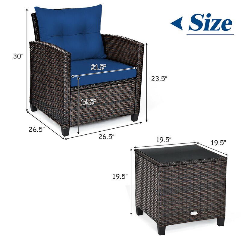 Costway 3-piece Contemporary Rattan Patio Furniture Set in Navy