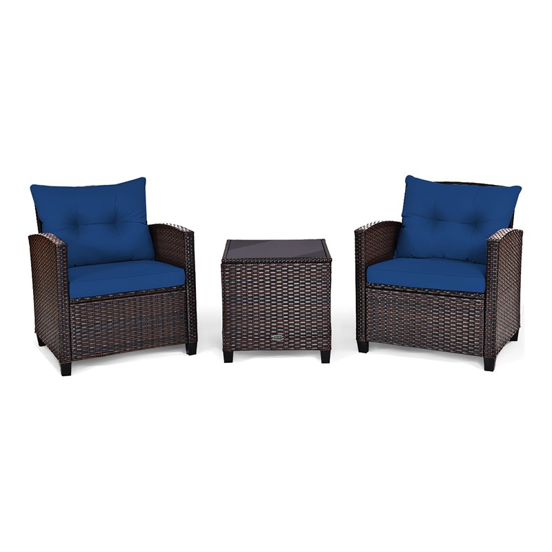 Costway 3-piece Contemporary Rattan Patio Furniture Set in Navy
