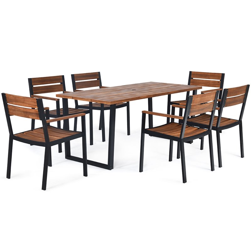 Costway 7-piece Acacia Wood Patio Dining Set with Umbrella Hole in Brown